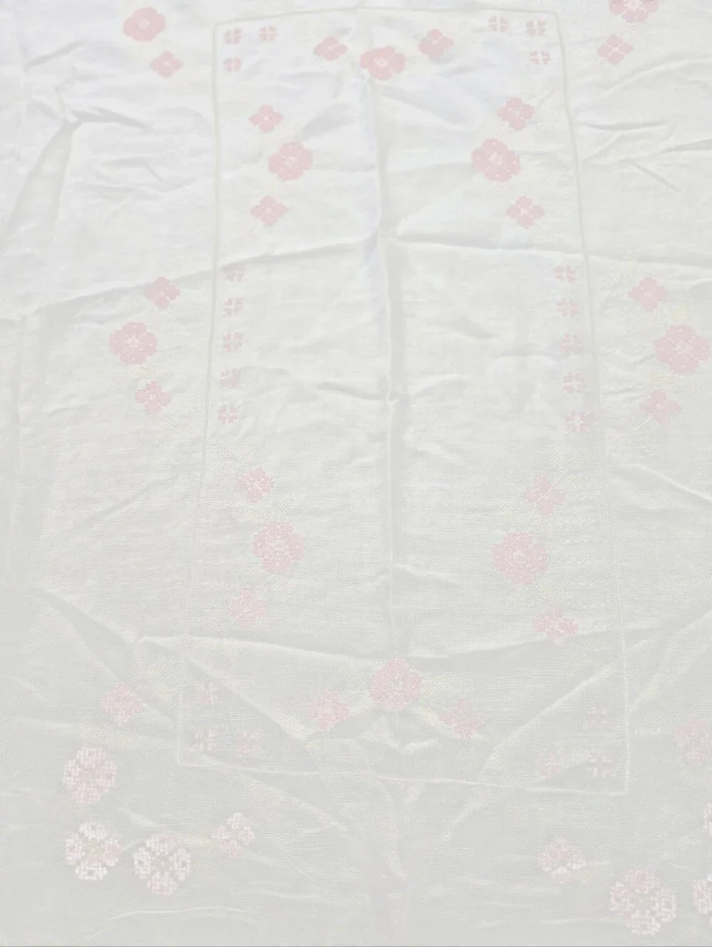 Vintage Linen Tablecloth Red Pink Cross Stitch Embroidery 72x55 Cottagecore